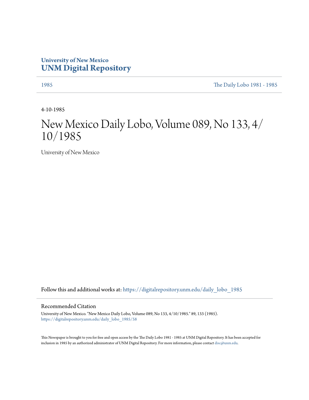 Daily Lobo, Volume 089, No 133, 4/ 10/1985 University of New Mexico