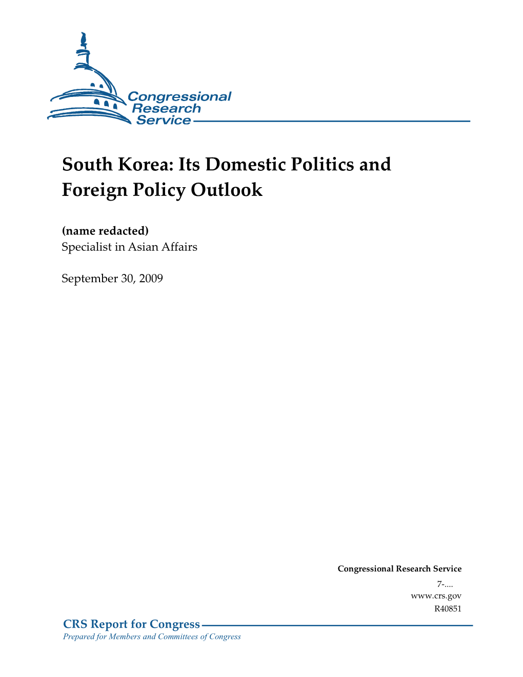 South Korea: Its Domestic Politics and Foreign Policy Outlook