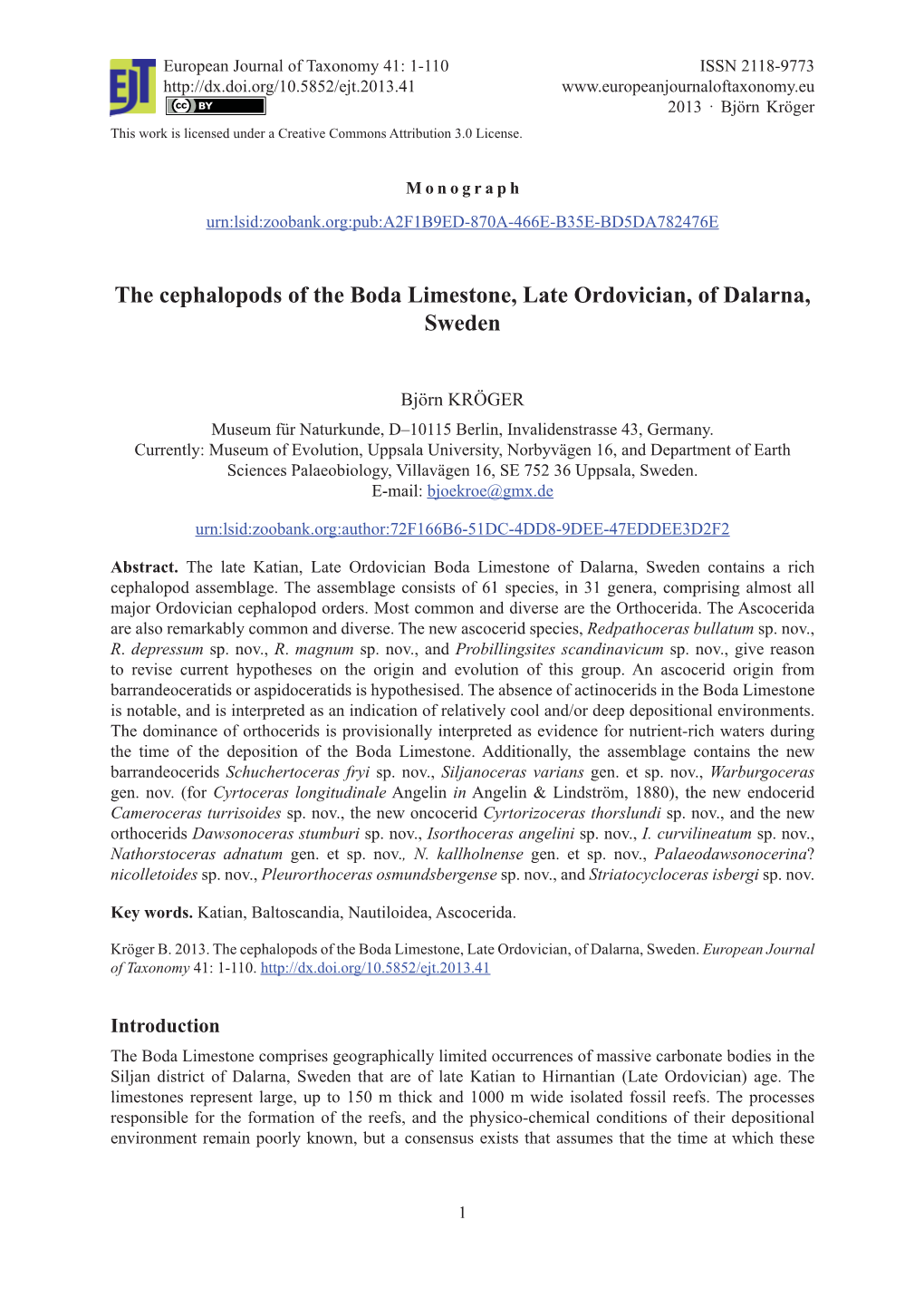 The Cephalopods of the Boda Limestone, Late Ordovician, of Dalarna, Sweden