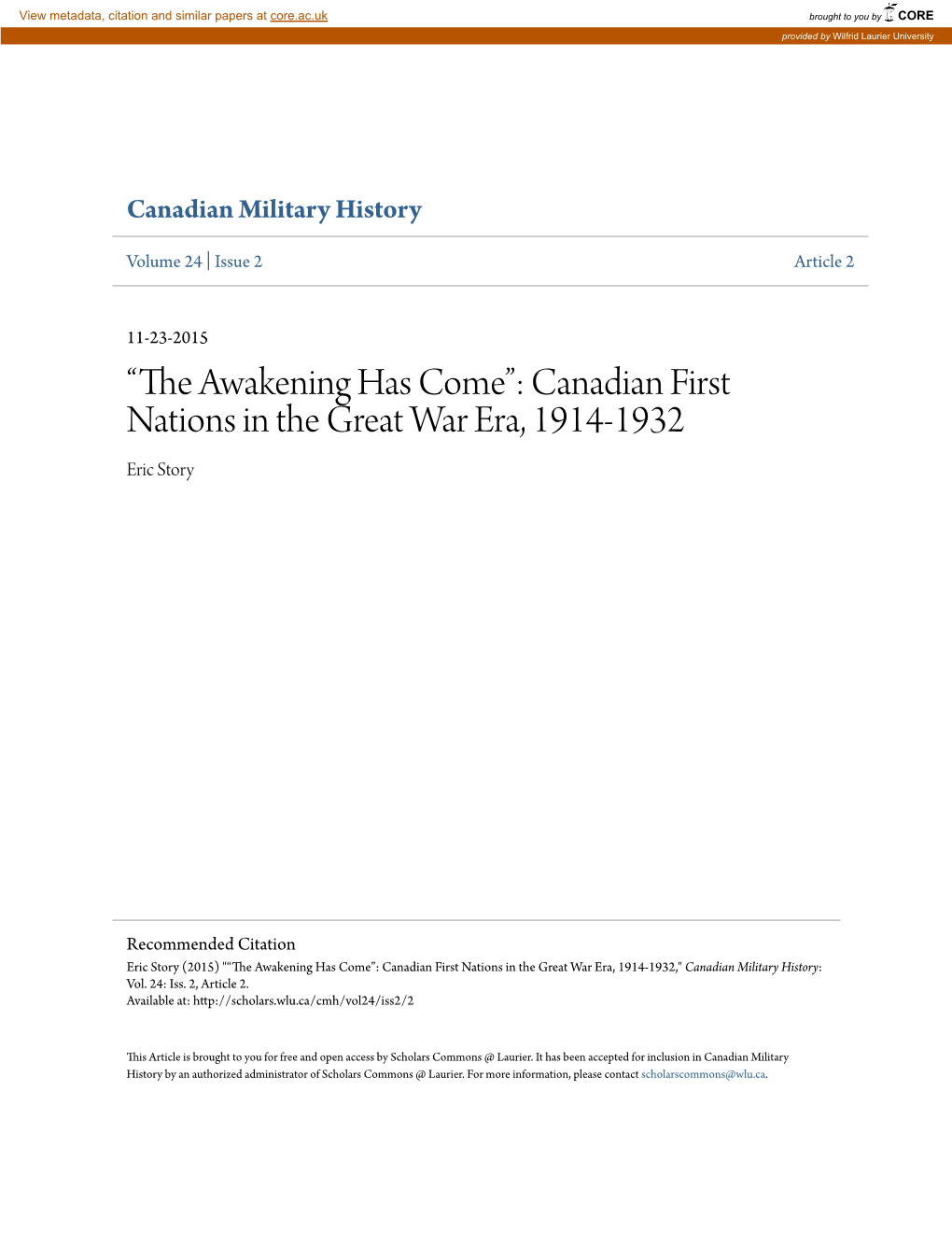 Canadian First Nations in the Great War Era, 1914-1932 Eric Story