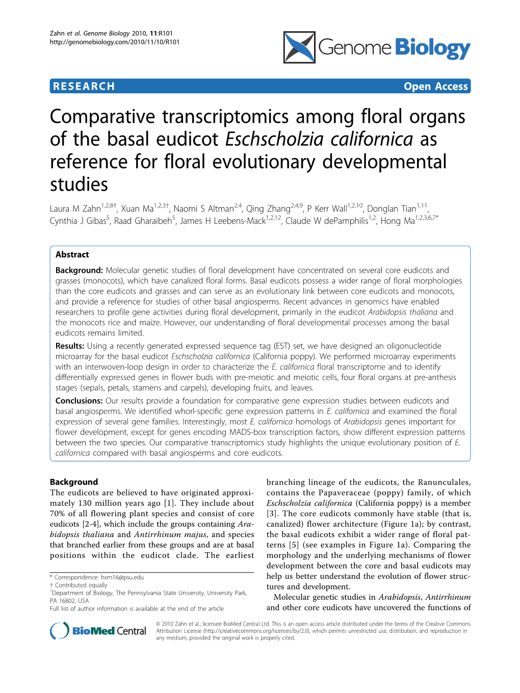 Comparative Transcriptomics Among Floral Organs of the Basal Eudicot Eschscholzia Californica As Reference for Floral Evolutiona