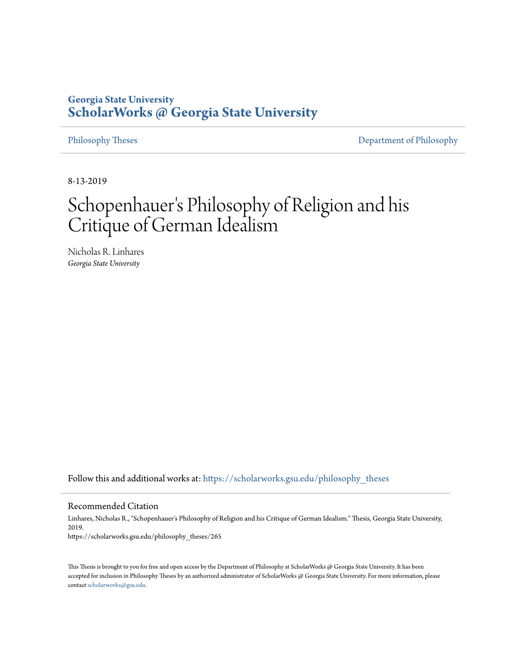 Schopenhauer's Philosophy of Religion and His Critique of German Idealism Nicholas R