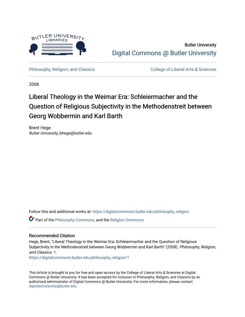 Liberal Theology in the Weimar Era: Schleiermacher and the Question of Religious Subjectivity in the Methodenstreit Between Georg Wobbermin and Karl Barth