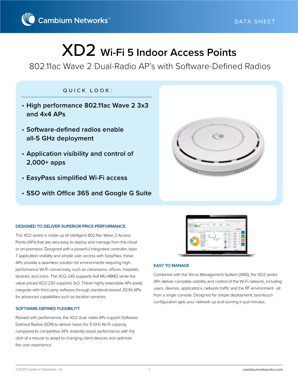 XD2 Wi-Fi 5 Indoor Access Points 802.11Ac Wave 2 Dual-Radio AP’S with Software-Defined Radios