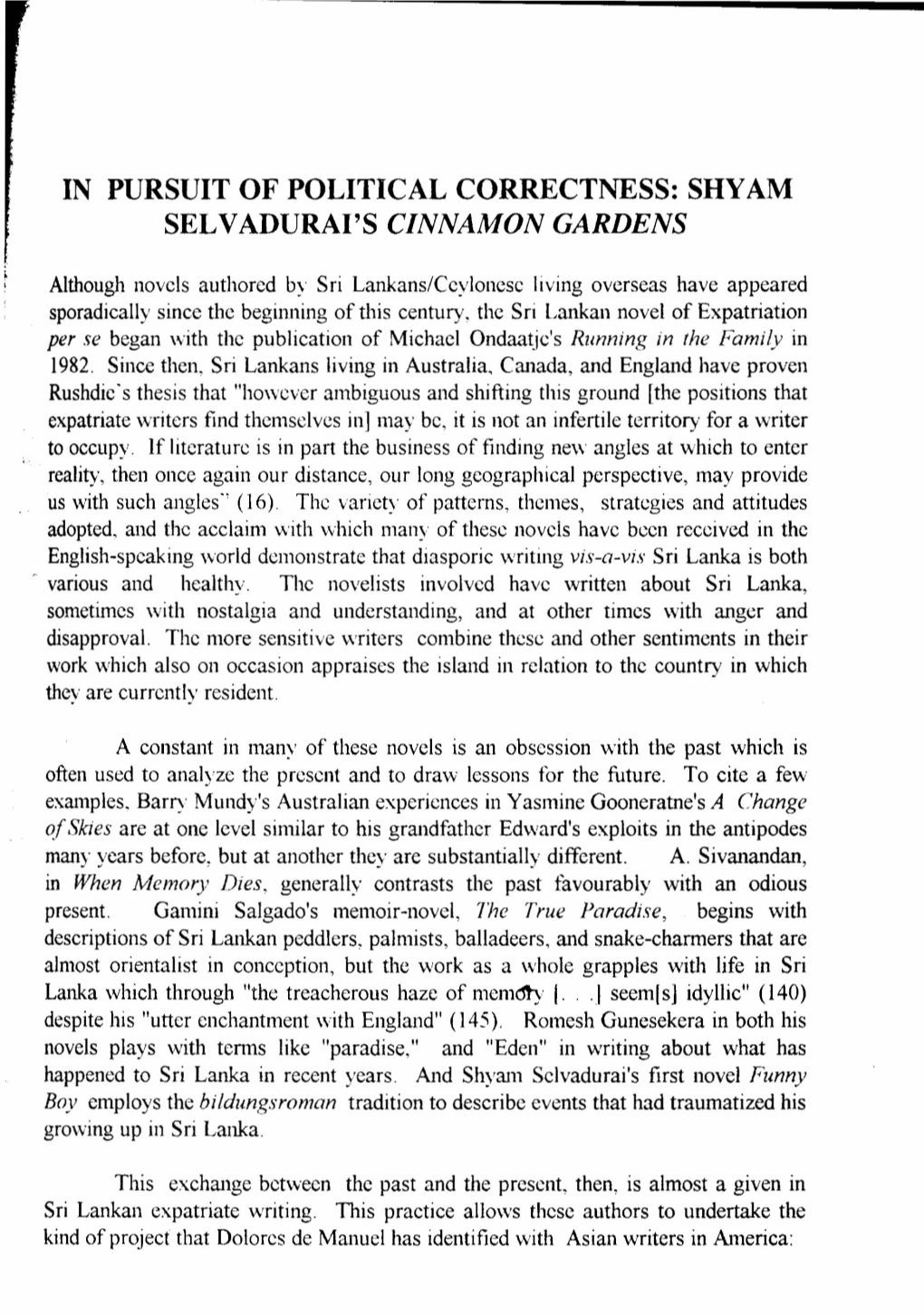 In Pursuit of Political Correctness: Shyam Selvadurai's Cinnamon Gardens