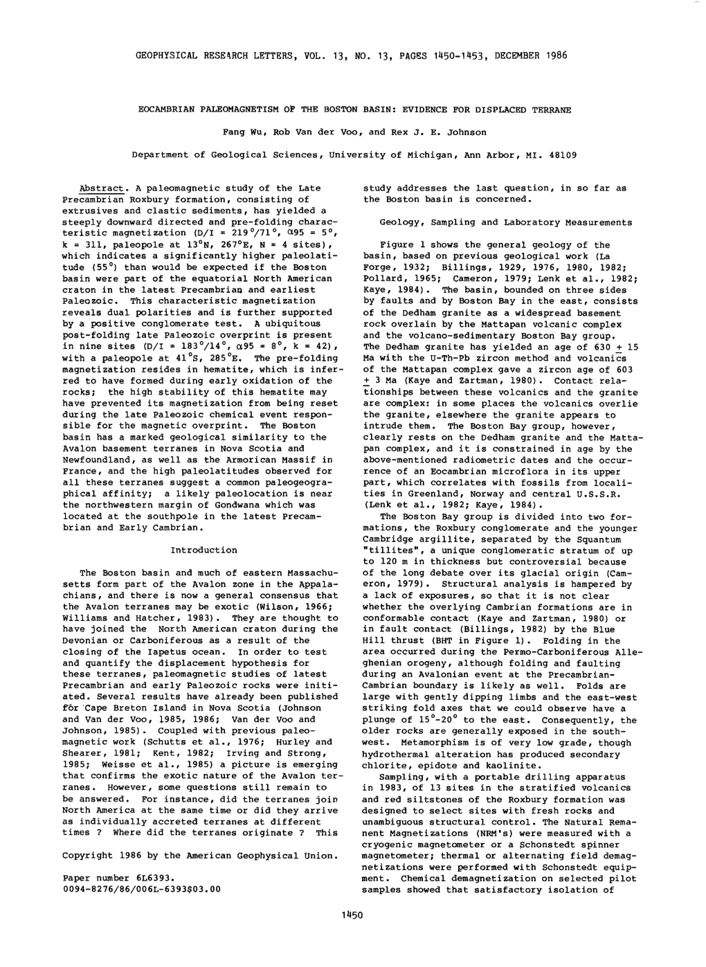 Eocambrian Paleomagnetism of the Boston Basin Evidence For