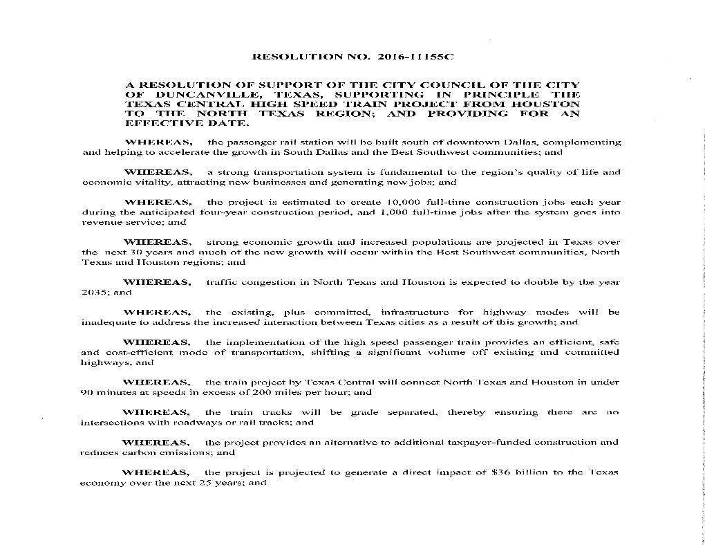 Resolution No. 2016-11155C a Resolution of Support of the City Council of the City of Duncanville, Texas, Supporting in Principl