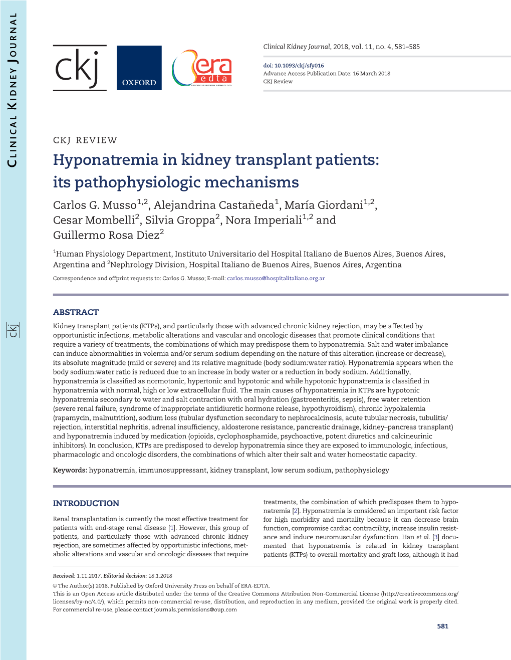 Hyponatremia in Kidney Transplant Patients: Its Pathophysiologic Mechanisms Carlos G