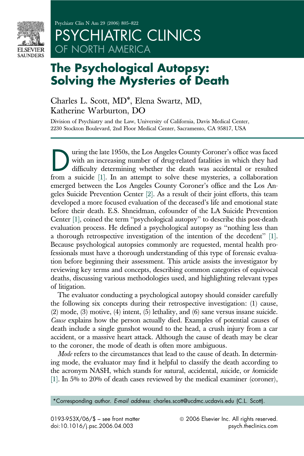 PSYCHIATRIC CLINICS of NORTH AMERICA the Psychological Autopsy: Solving the Mysteries of Death