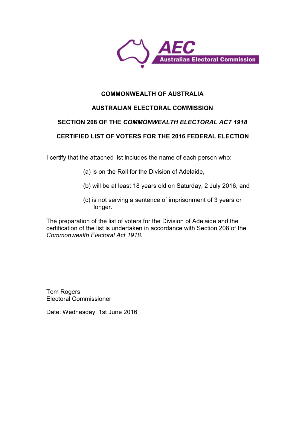 Certification of Certified List of Voters for the 2016 Federal Election (SA)