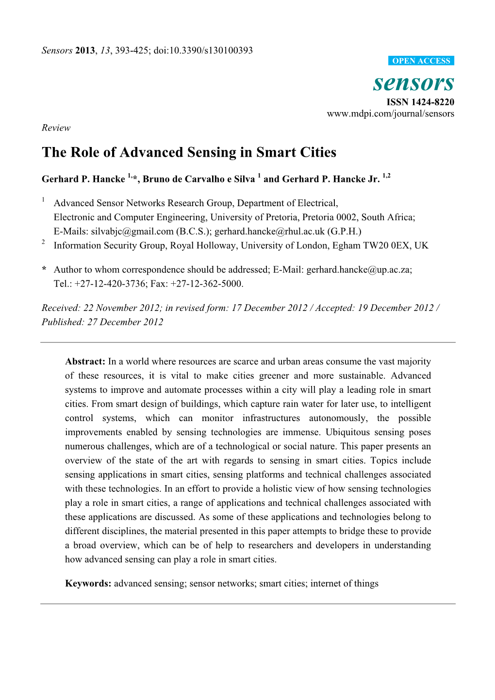 The Role of Advanced Sensing in Smart Cities