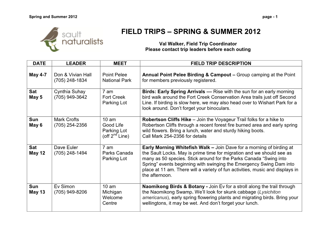 Field Trips – Spring & Summer 2012