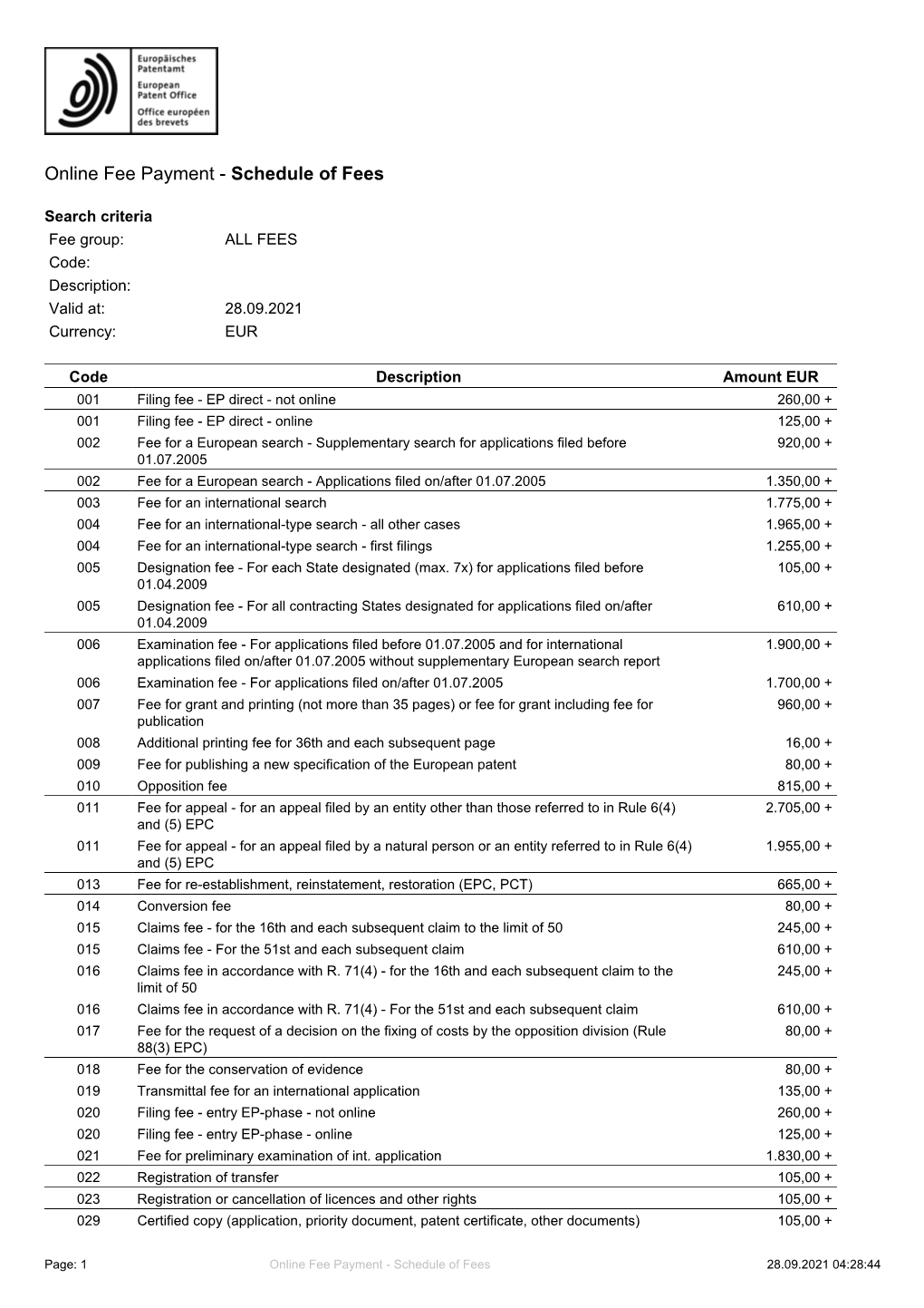 Online Fee Payment - Schedule of Fees