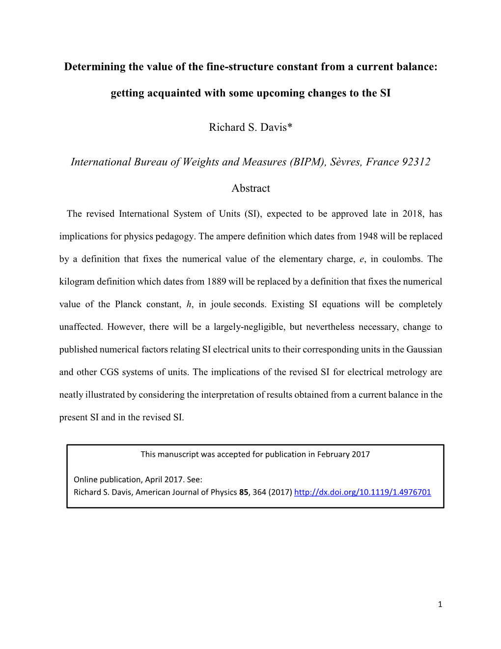 Determining the Value of the Fine-Structure Constant from a Current Balance