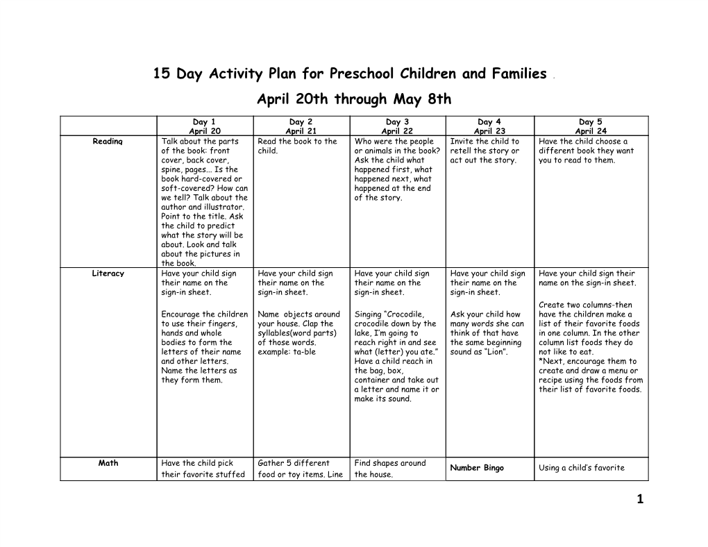 15 Day Activity Plan for Preschool Children and Families ​. April 20Th Through May 8Th 1