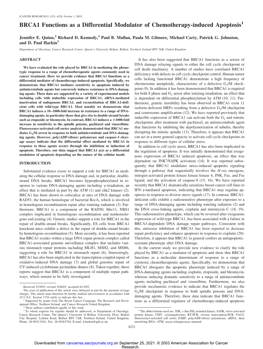 BRCA1 Functions As a Differential Modulator of Chemotherapy-Induced Apoptosis1