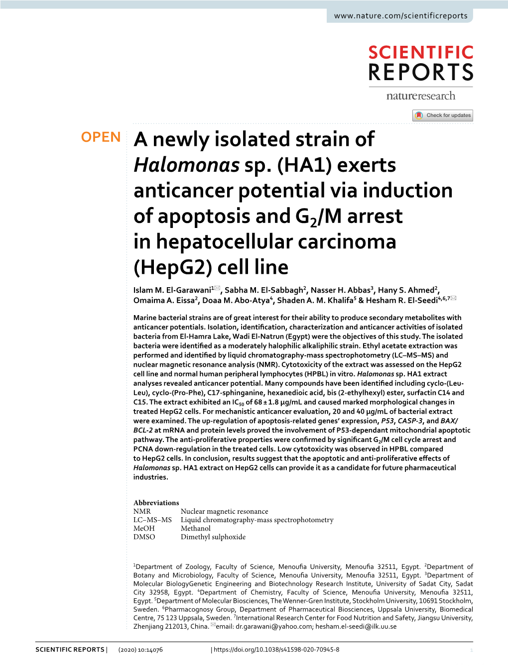 Exerts Anticancer Potential Via Induction of Apoptosis and ­G2/M Arrest in Hepatocellular Carcinoma (Hepg2) Cell Line Islam M