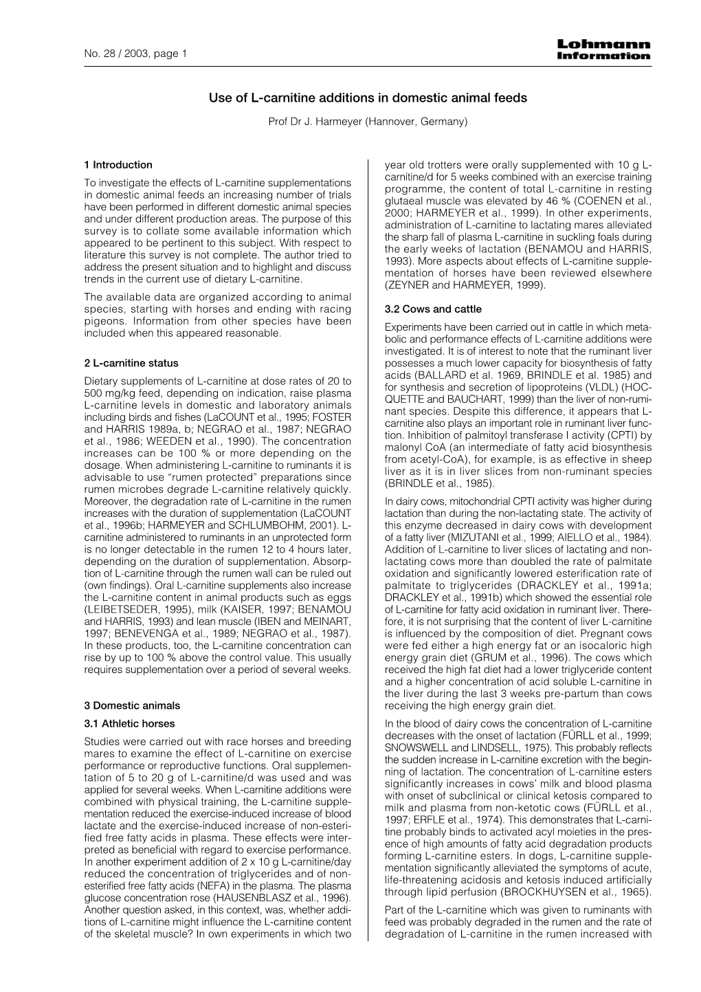 Use of L-Carnitine Additions in Domestic Animal Feeds