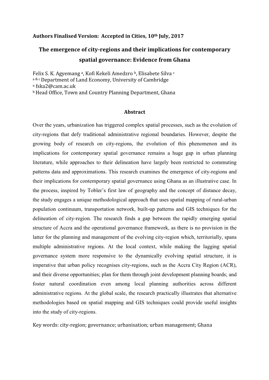 The Emergence of City-Regions and Their Implications for Contemporary Spatial Governance: Evidence from Ghana