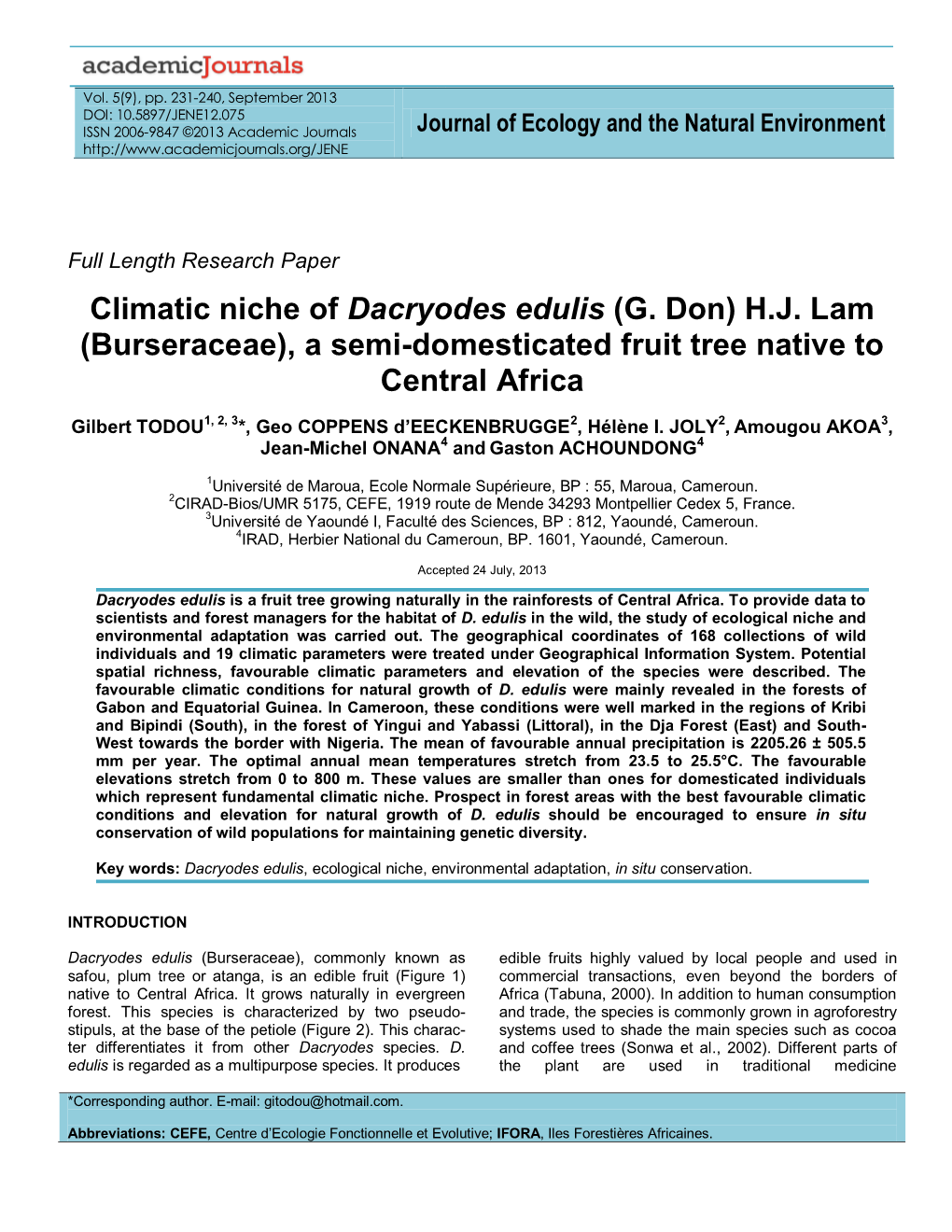 Climatic Niche of Dacryodes Edulis (G