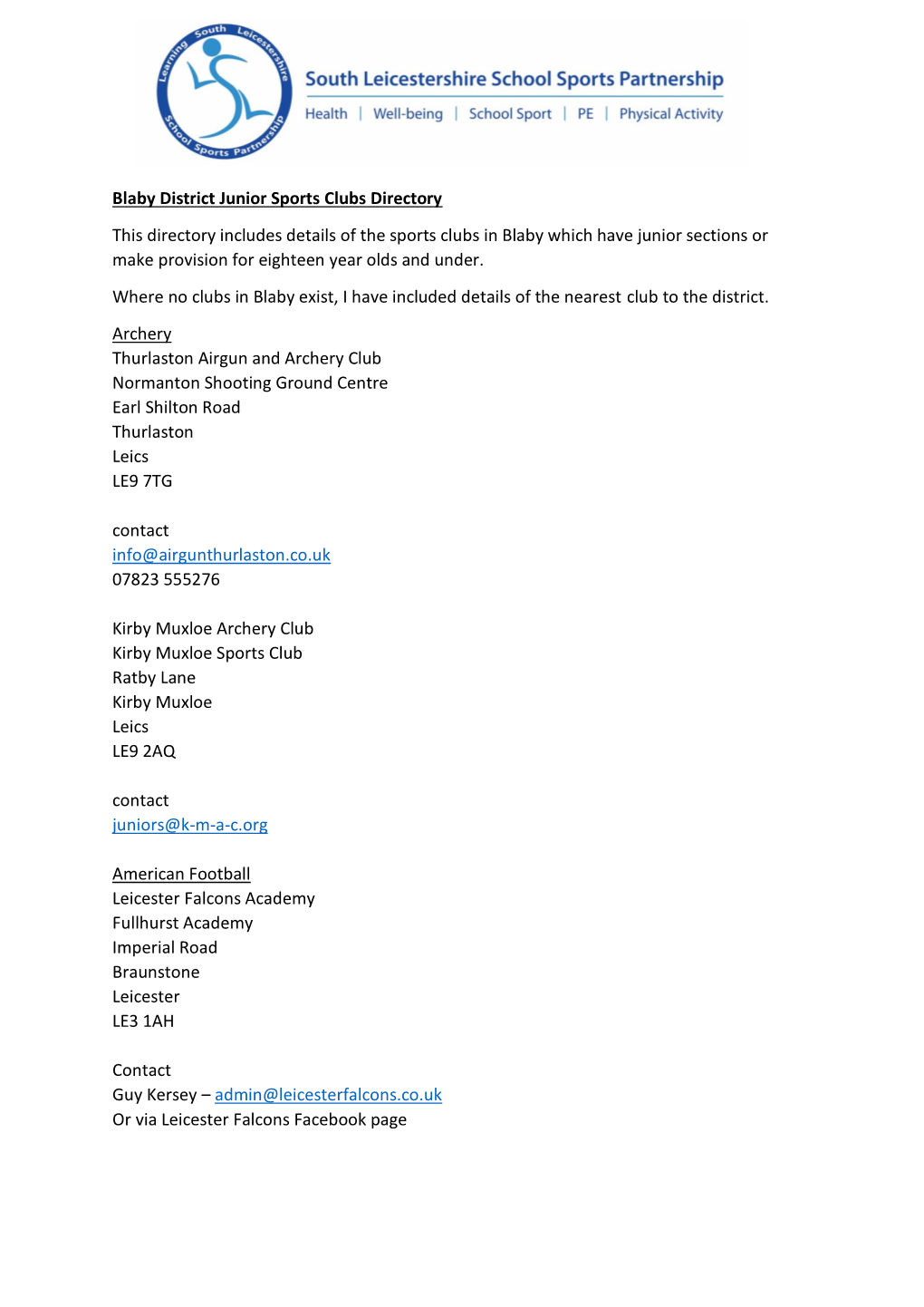 Blaby District Junior Sports Clubs Directory This Directory Includes Details of the Sports Clubs in Blaby Which Have Junior Sect