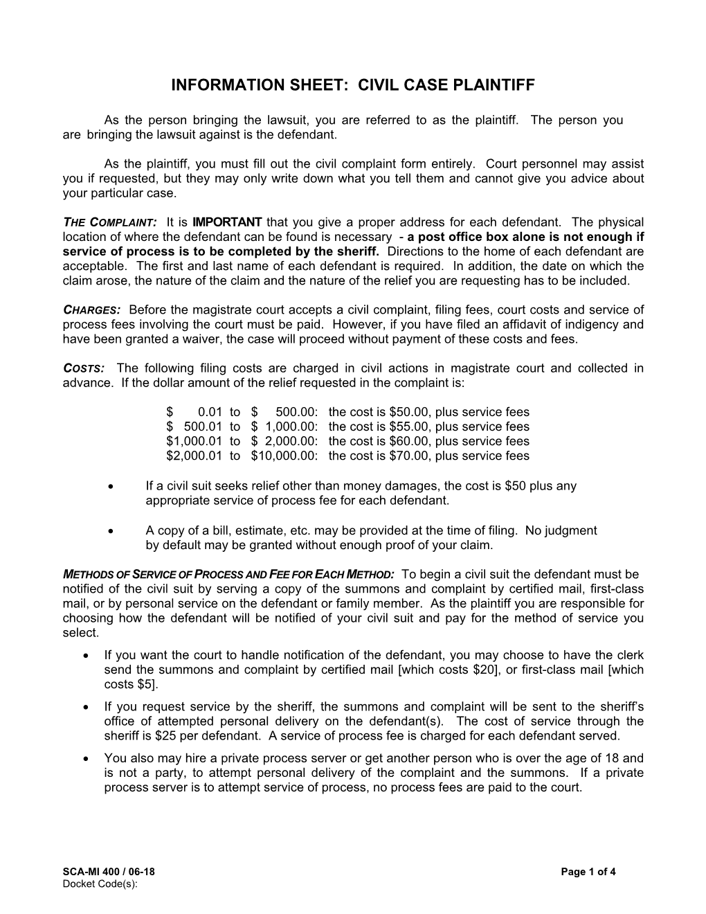 Information Sheet: Civil Case Plaintiff