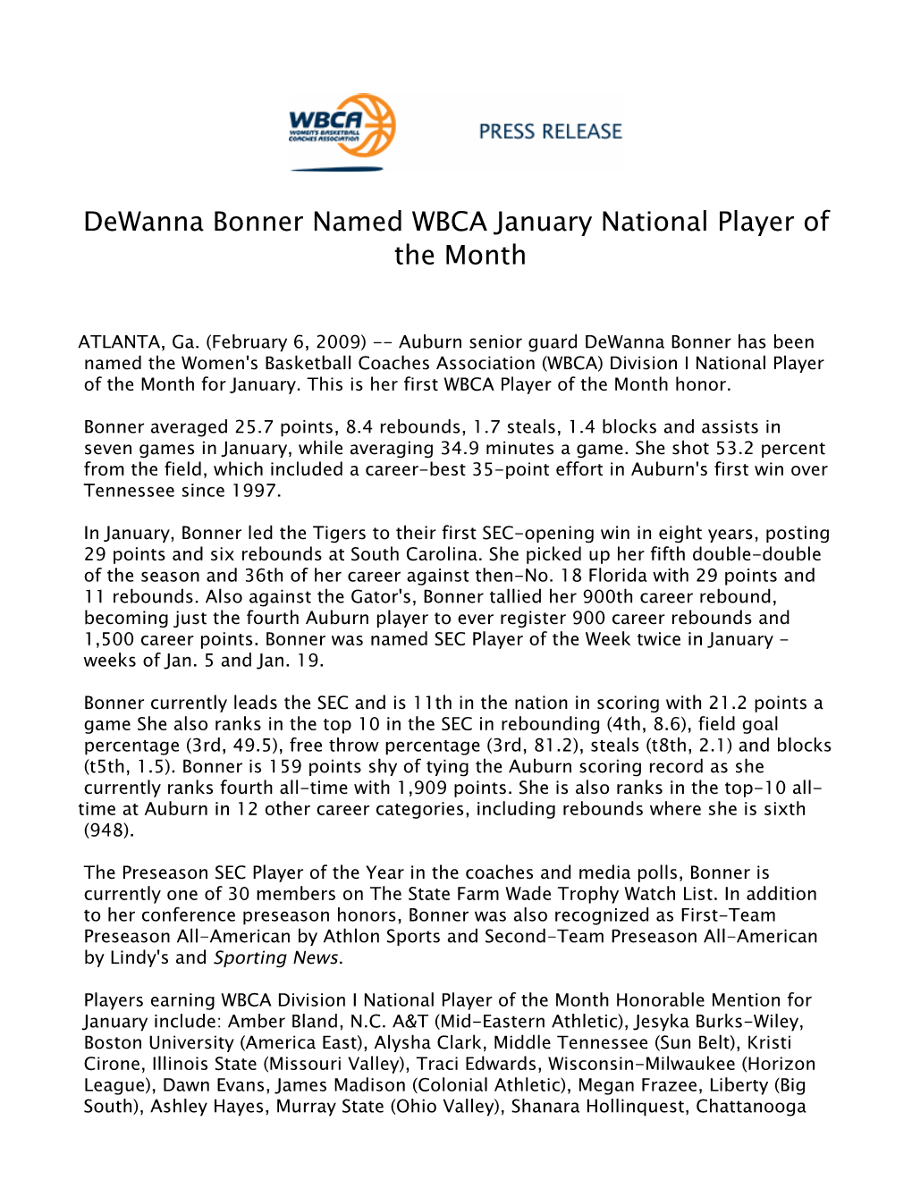 Dewanna Bonner Named WBCA January National Player of the Month 2008-09 020609