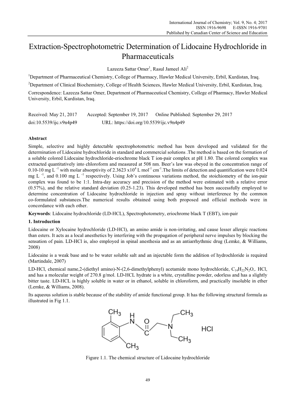 Extraction-Spectrophotometric Determination of Lidocaine Hydrochloride in Pharmaceuticals