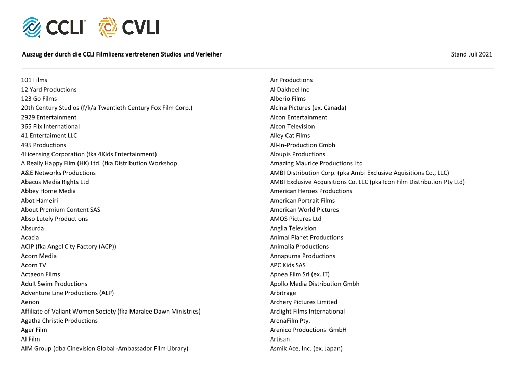 Auszug Der Durch Die CCLI Filmlizenz Vertretenen Studios Und Verleiher Stand Juli 2021 101 Films 12 Yard Productions 123 Go Film