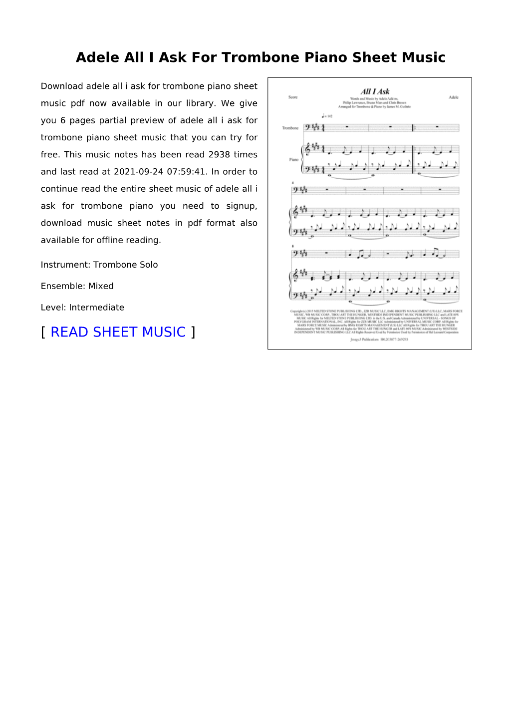 Adele All I Ask for Trombone Piano Sheet Music
