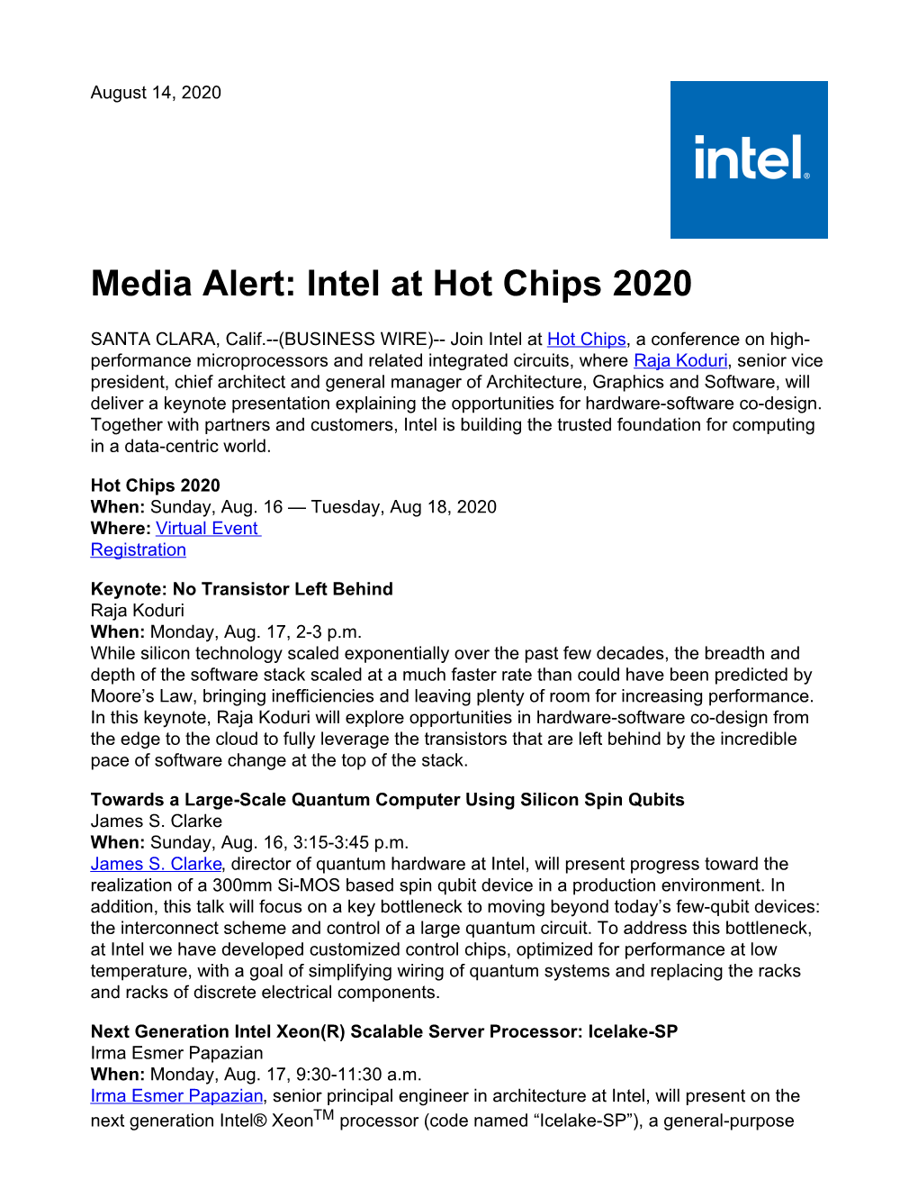 Intel at Hot Chips 2020