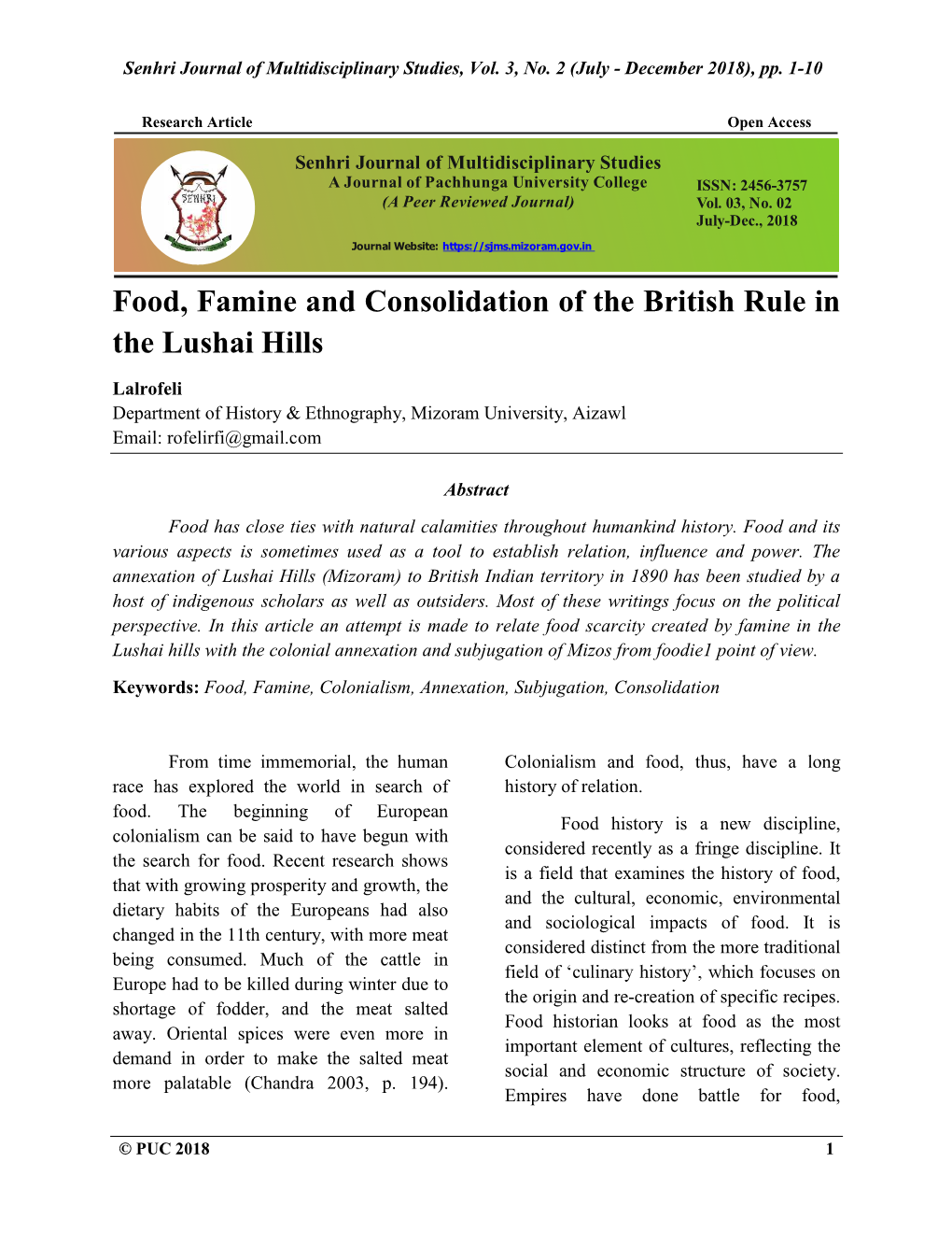 Food, Famine and Consolidation of the British Rule in the Lushai Hills