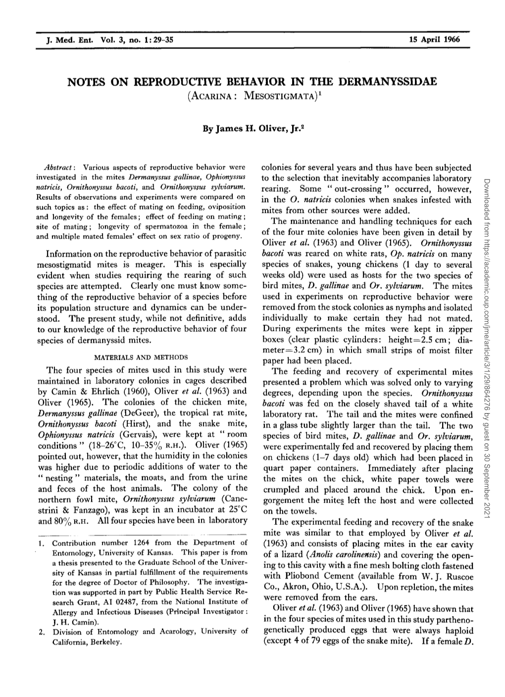 Notes on Reproductive Behavior in the Dermanyssidae 1 (Acarina: Mesostigmata)