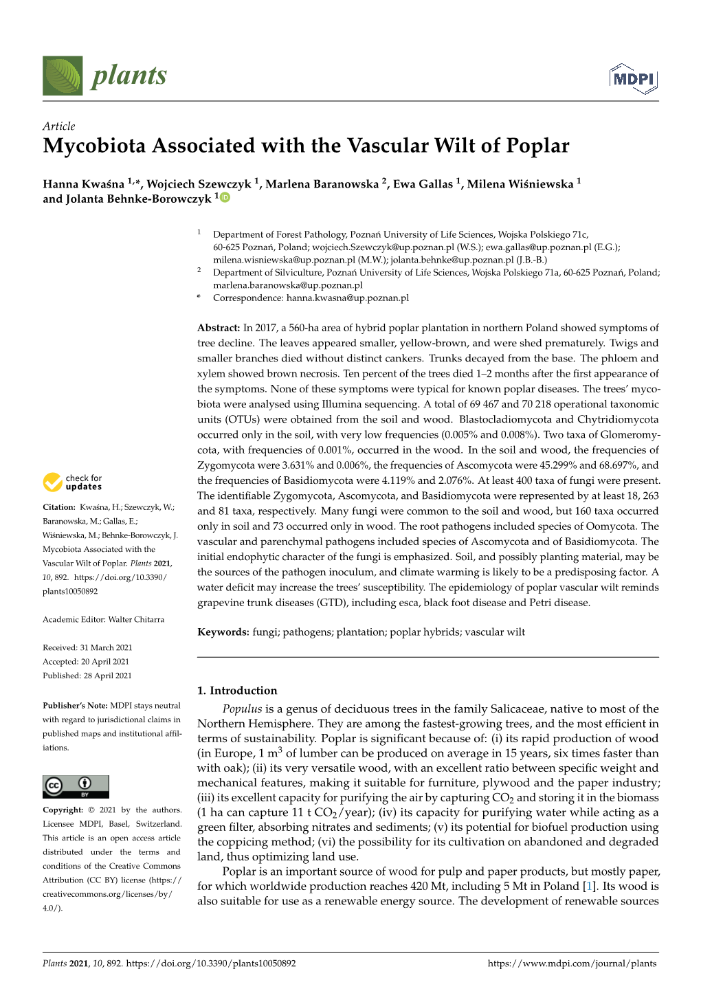 Mycobiota Associated with the Vascular Wilt of Poplar