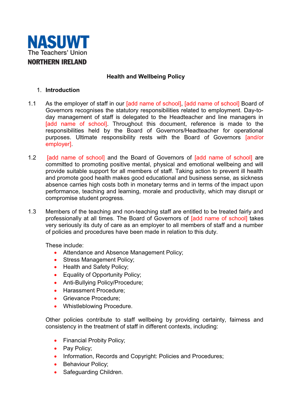 Health and Wellbeing Policy