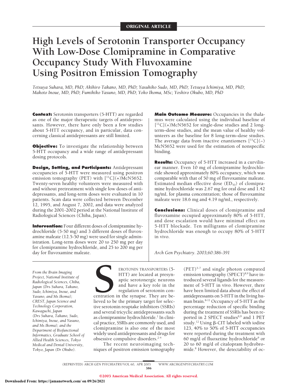 Serotonin Transporter Occupancy with Low-Dose Clomipramine in Comparative Occupancy Study with Fluvoxamine Using Positron Emission Tomography