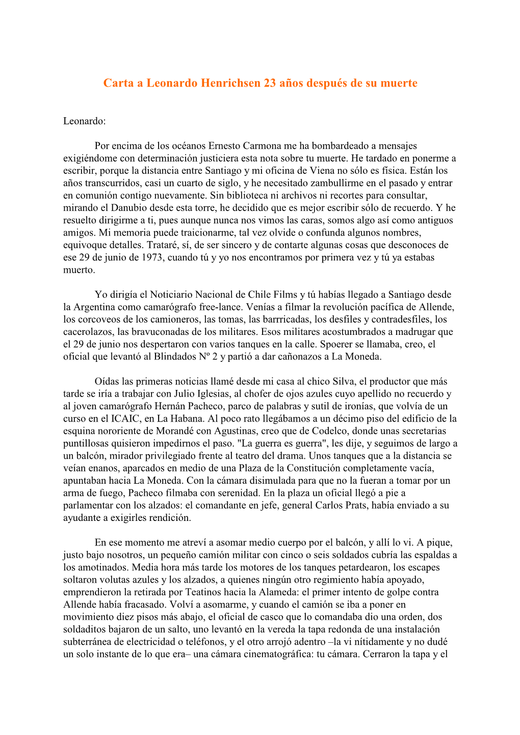 Carta Póstuma a Leonardo Henrichsen... 23 Años Después