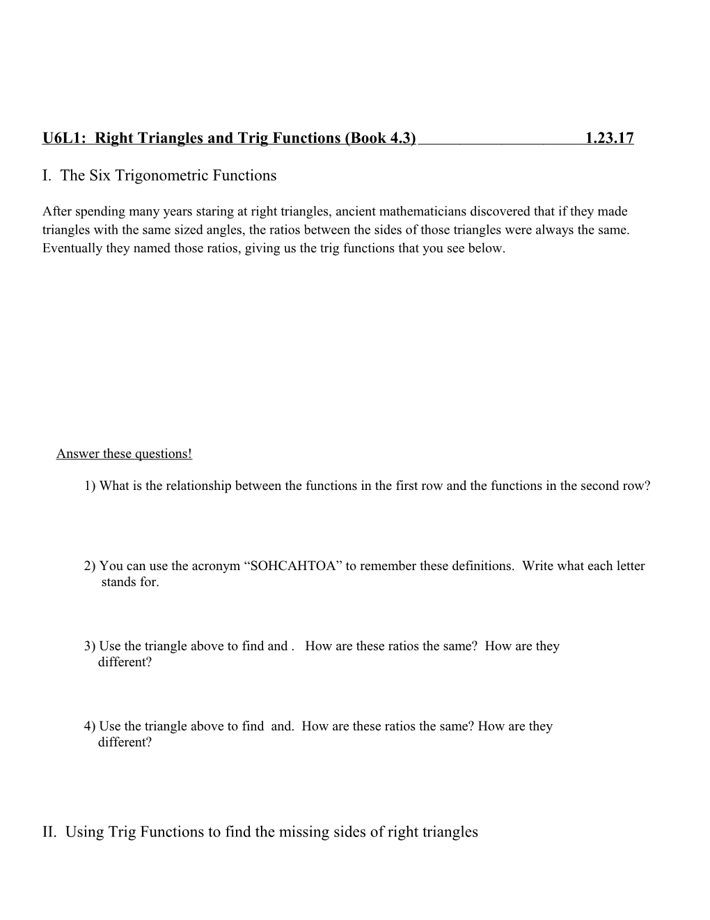 U6L1: Right Triangles and Trig Functions (Book 4.3) 1.23.17