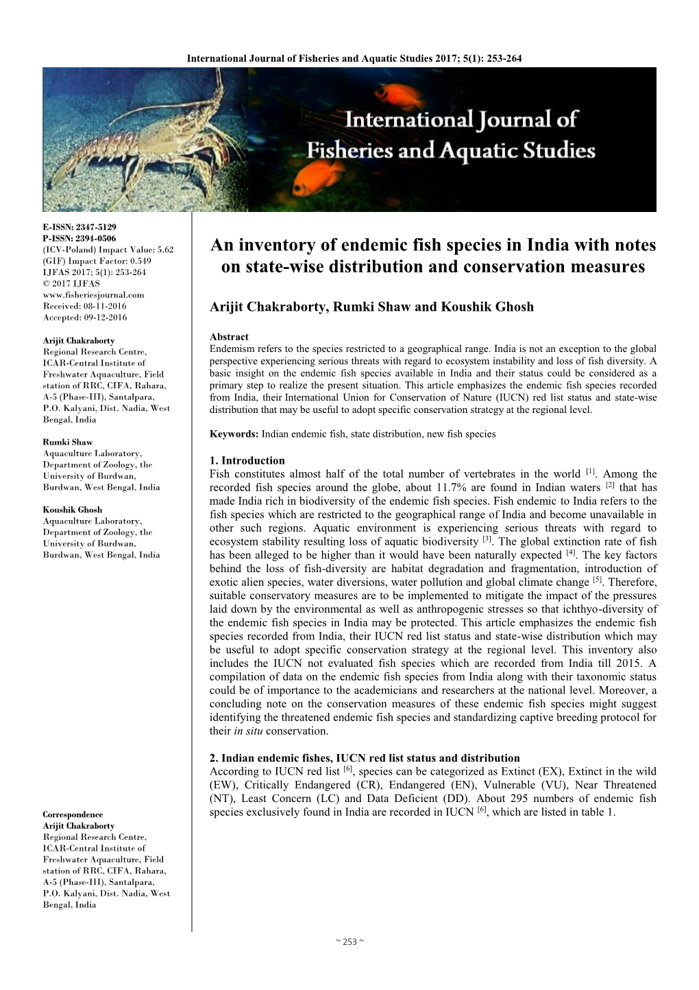 An Inventory of Endemic Fish Species in India with Notes on State-Wise