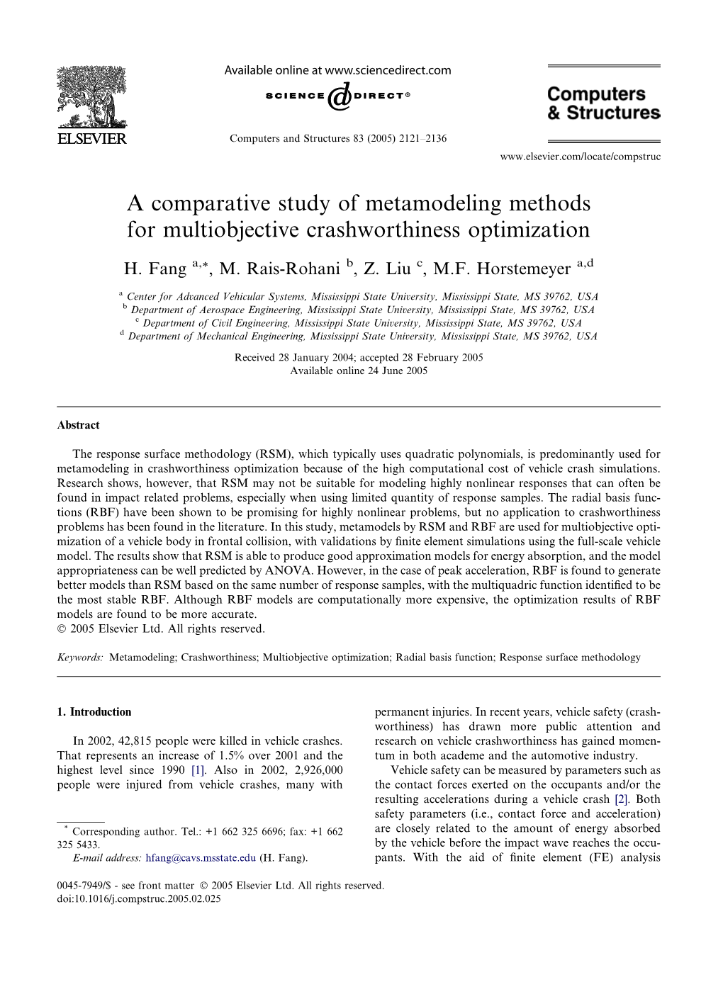 A Comparative Study of Metamodeling Methods for Multiobjective Crashworthiness Optimization