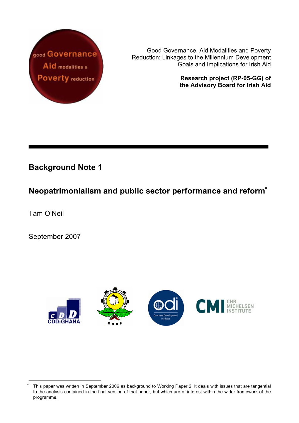 Neopatrimonialism and Public Sector Performance and Reform∗