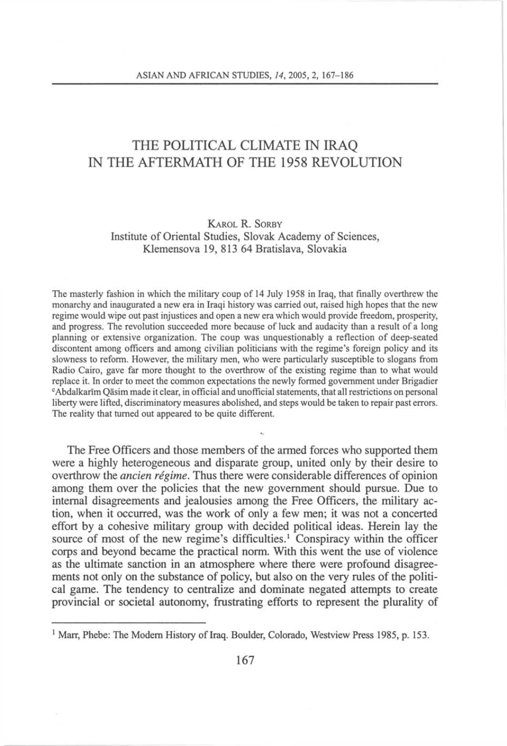 The Political Climate in Iraq in the Aftermath of the 1958 Revolution