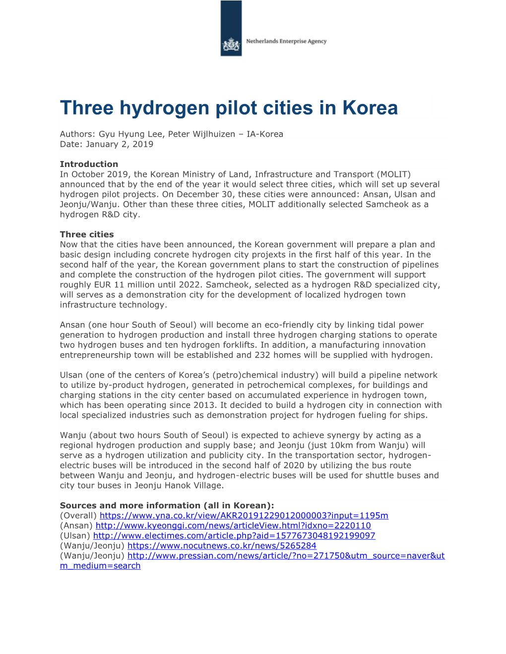 Three Hydrogen Pilot Cities in Korea