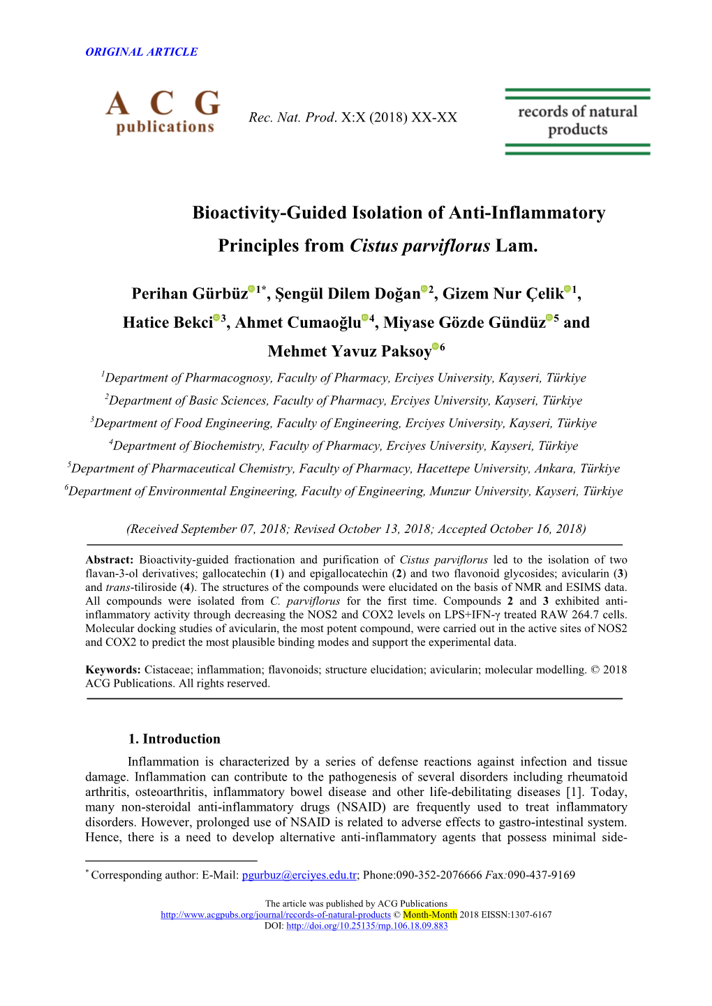 Bioactivity-Guided Isolation of Anti-Inflammatory Principles from Cistus Parviflorus Lam