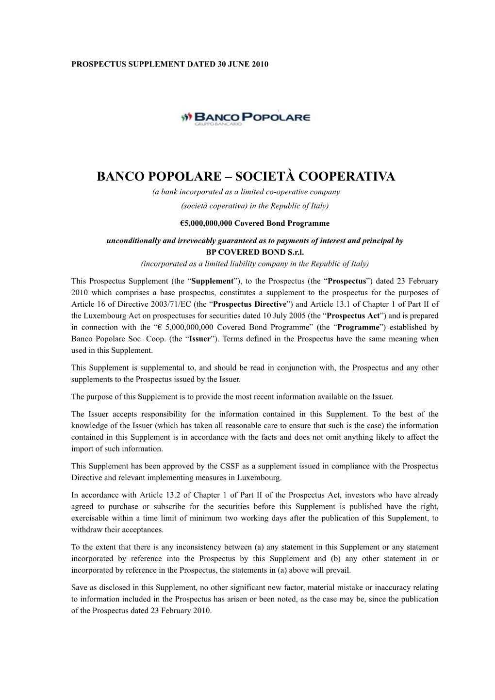 BANCO POPOLARE – SOCIETÀ COOPERATIVA (A Bank Incorporated As a Limited Co-Operative Company (Società Coperativa) in the Republic of Italy)