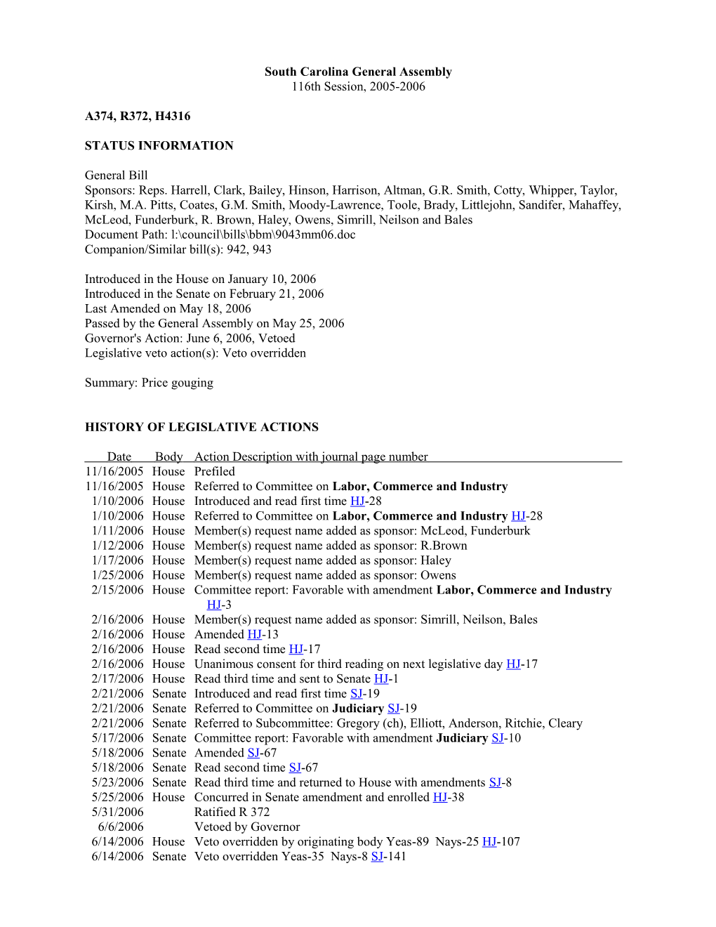 2005-2006 Bill 4316: Price Gouging - South Carolina Legislature Online