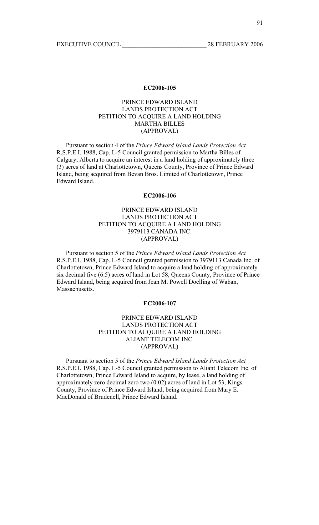 28 February 2006 Ec2006-105 Prince Edward Island Lands Protection Act Petition