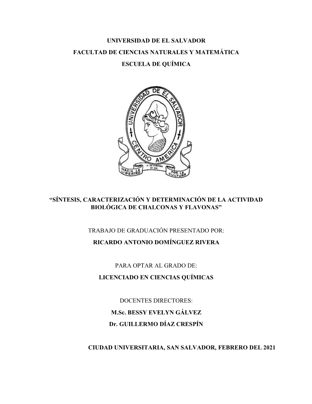 Universidad De El Salvador Facultad De Ciencias Naturales Y Matemática Escuela De Química