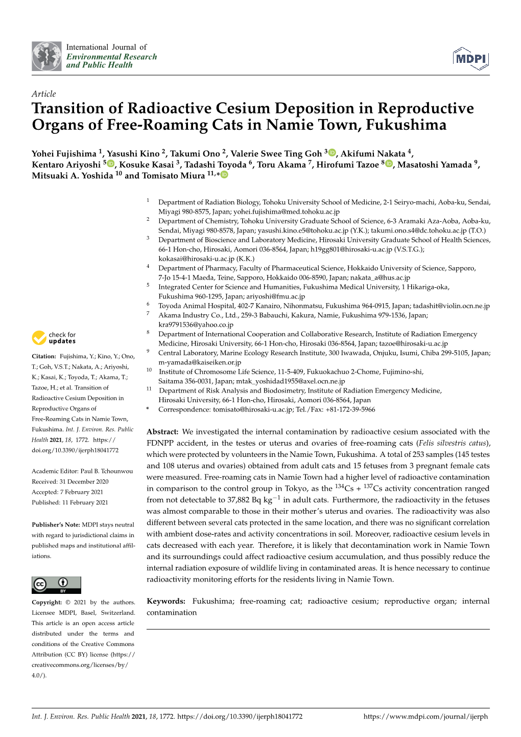 Transition of Radioactive Cesium Deposition in Reproductive Organs of Free-Roaming Cats in Namie Town, Fukushima