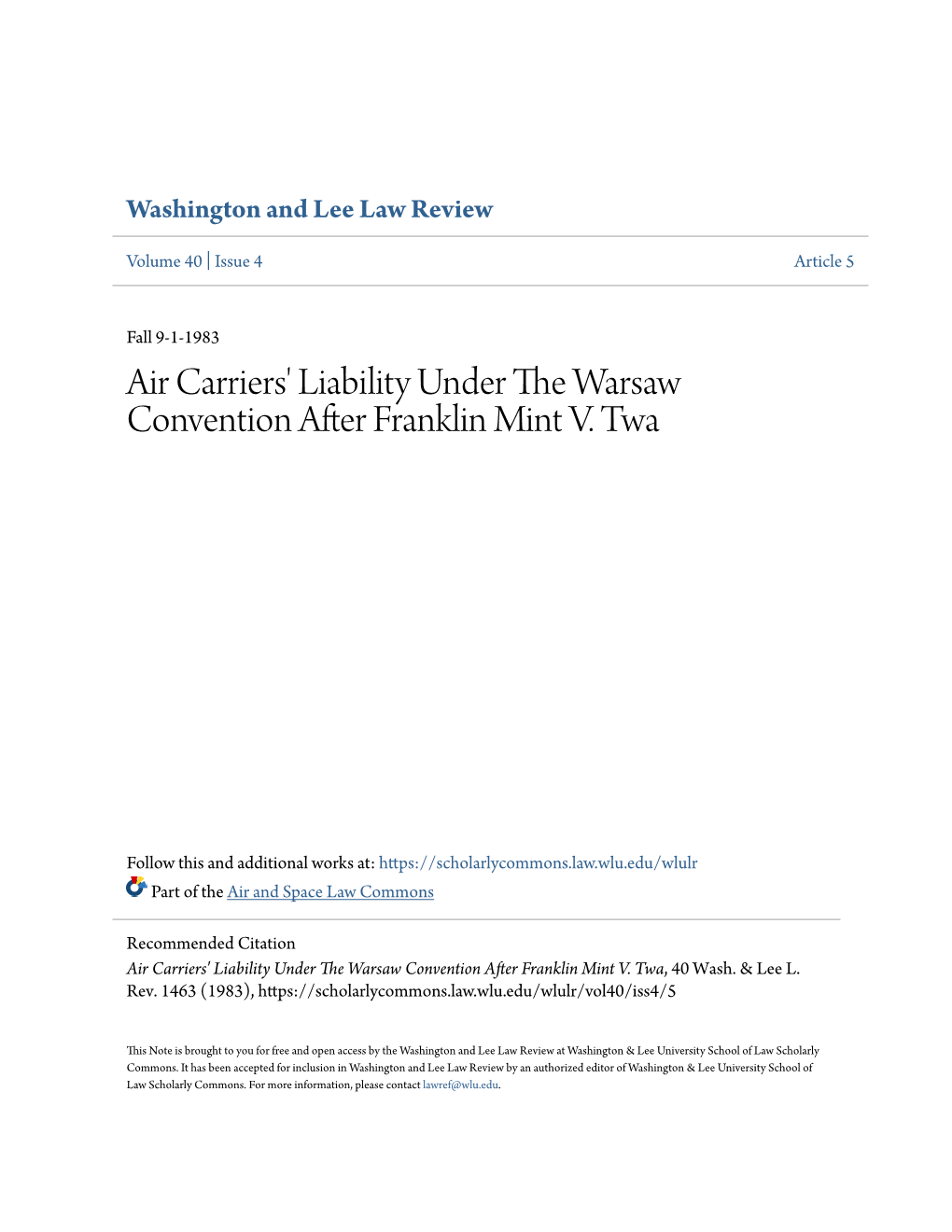 Air Carriers' Liability Under the Warsaw Convention After Franklin Mint V. Twa, 40 Wash
